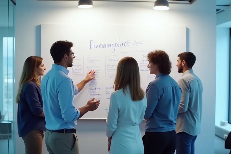 A diverse group of professionals collaborating around a whiteboard in a modern office.