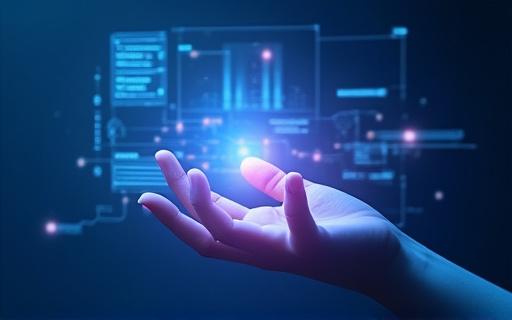 A hand interacting with a holographic digital interface, symbolizing digital transformation.